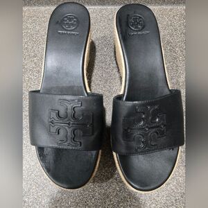 Tory Burch Black Leather Logo Slide Sandals with Natural Espadrille Edge
